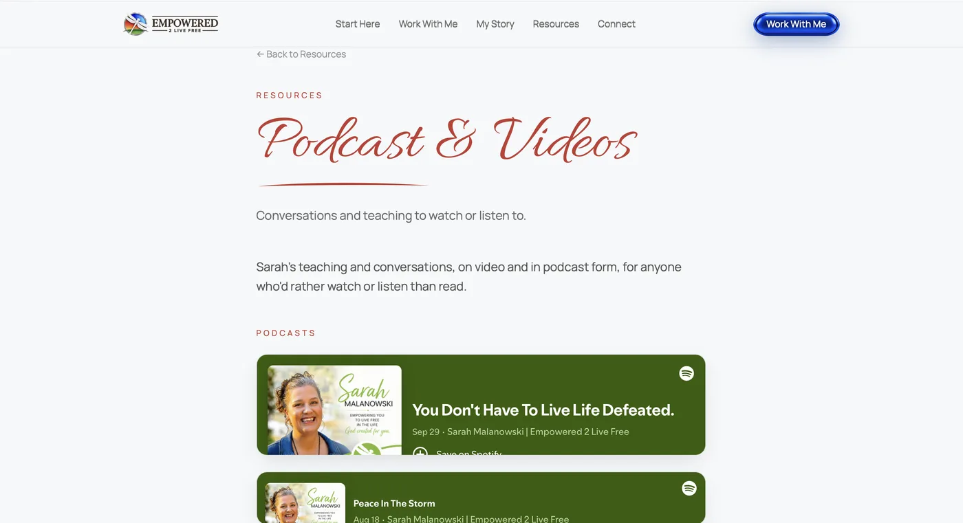 Empowered 2 Live Free podcast and videos page with Spotify embeds