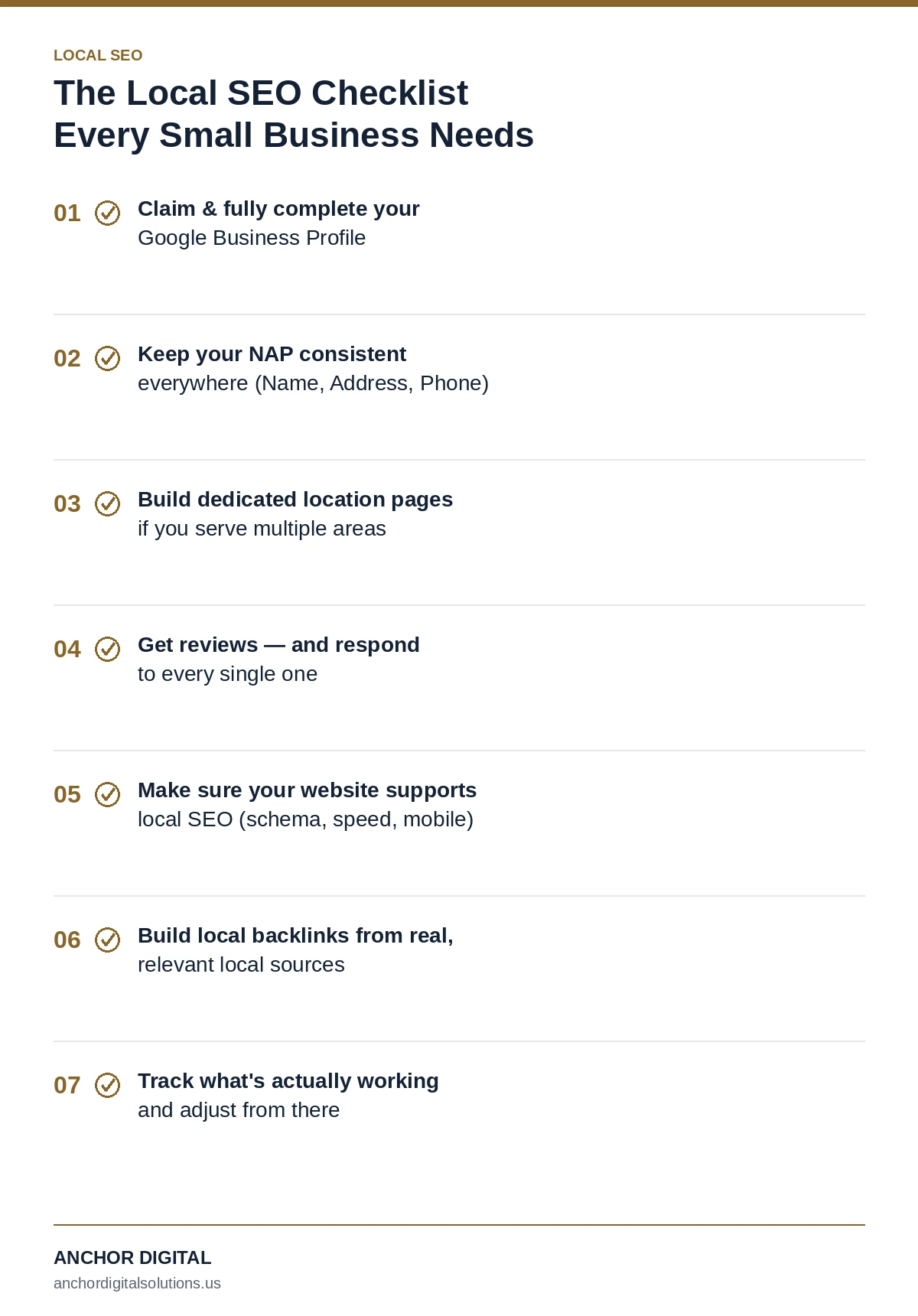 Local SEO checklist infographic: 7 steps including Google Business Profile, NAP consistency, location pages, reviews, website SEO support, local backlinks, and tracking results