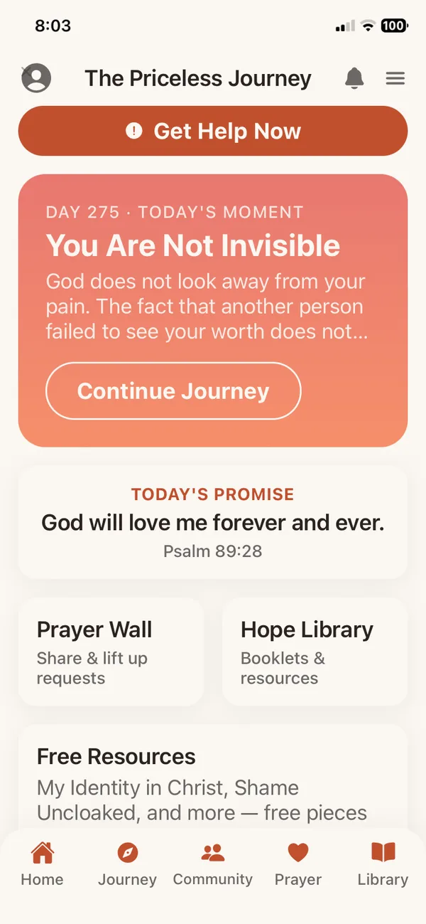 The Priceless Journey app home screen with daily journey, promise, and Get Help Now button