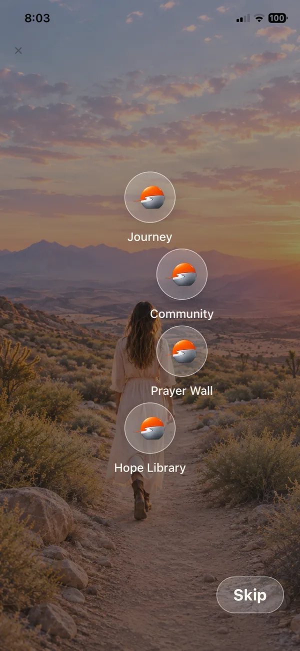 The Priceless Journey app opening hub with Journey, Community, Prayer Wall, and Hope Library