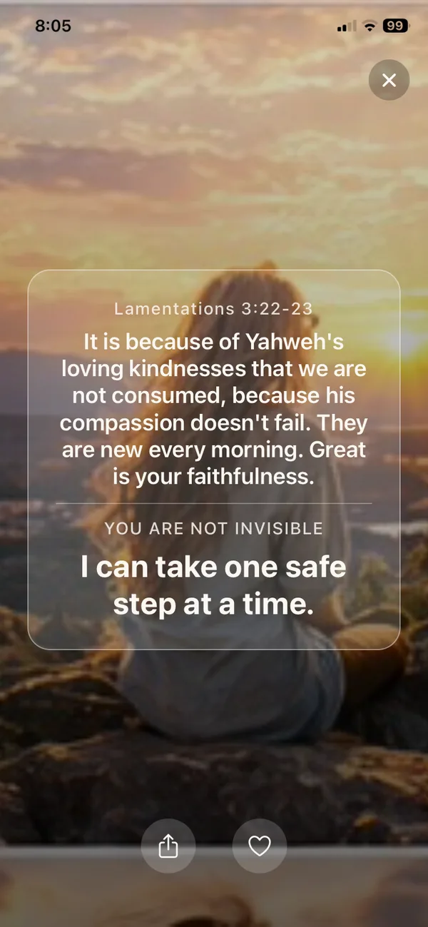 The Priceless Journey app daily scripture and affirmation over a sunrise photo