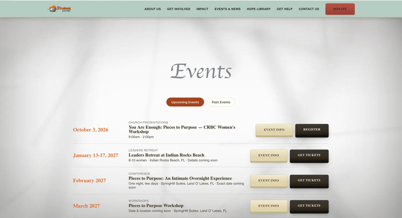 The Priceless Journey events page with ticketing