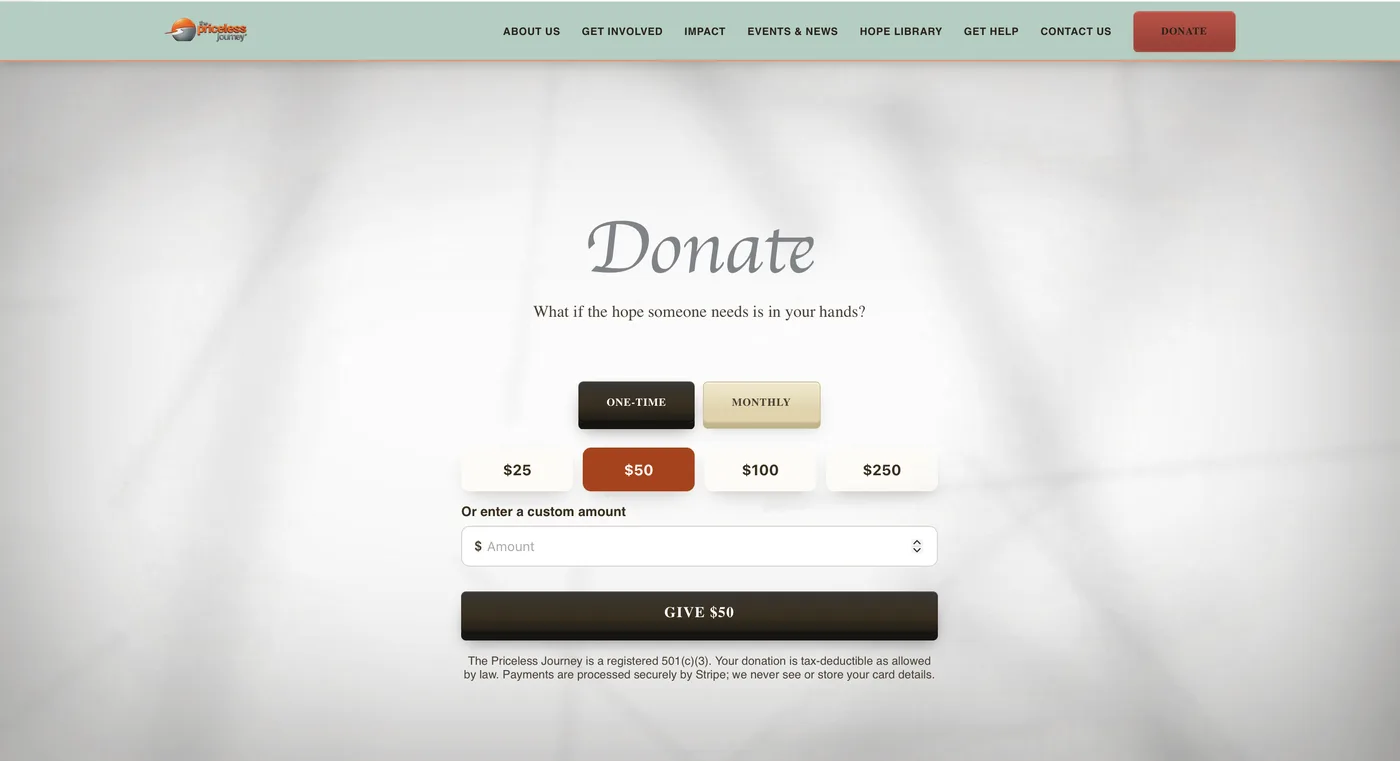 The Priceless Journey donation page with one-time and monthly giving