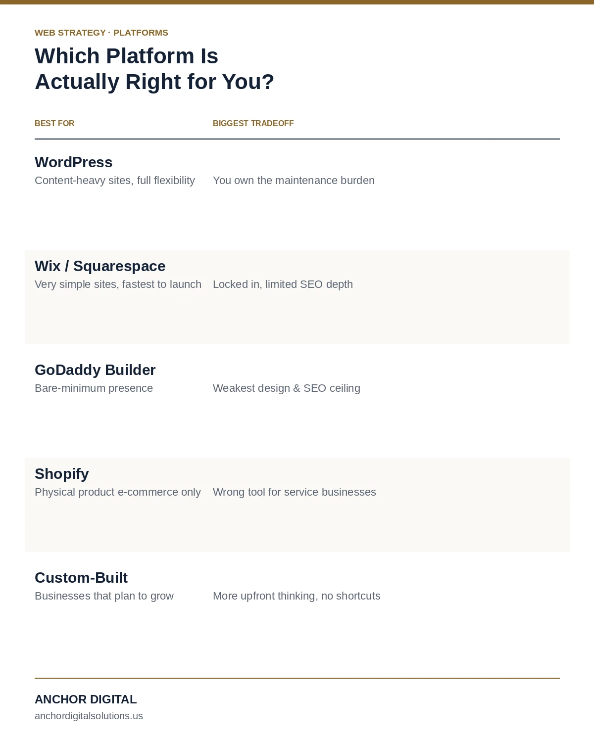 Comparison infographic: WordPress, Wix, Squarespace, GoDaddy, Shopify, and custom-built websites showing what each is best for and their biggest tradeoff